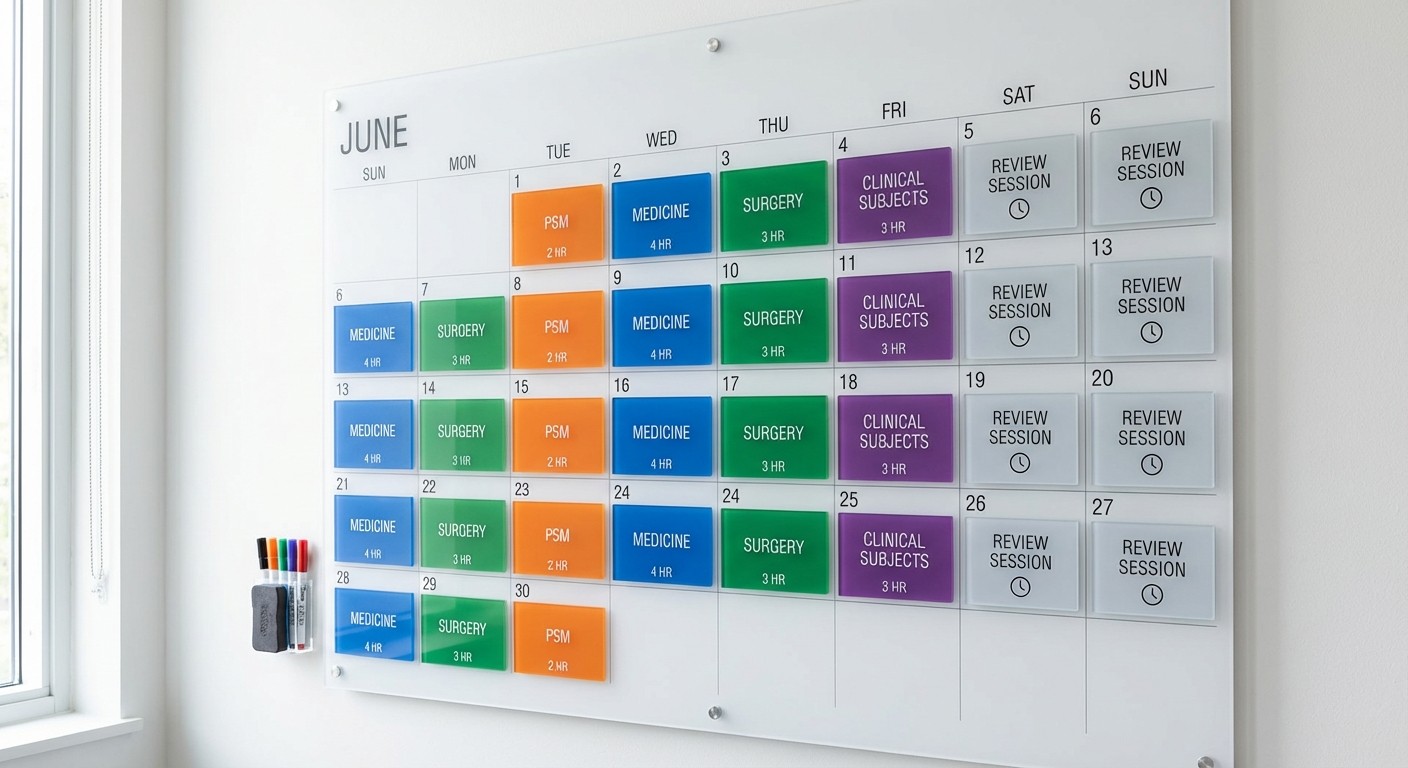 30-day NEET PG revision schedule with color-coded subject priorities