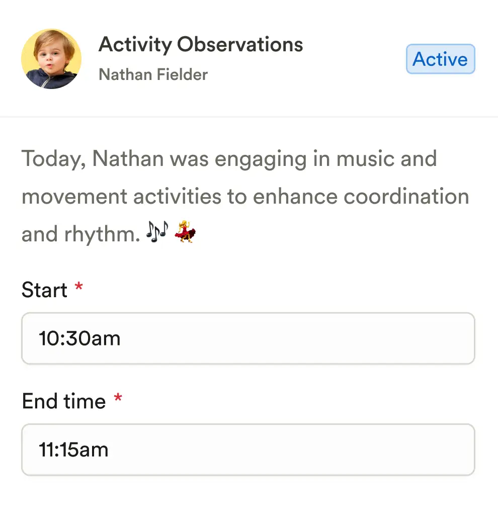 Activity Observations card noting a music and movement session for a child