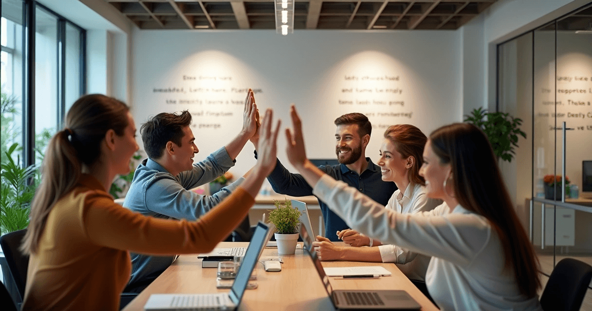 Colaboradores celebrando conquista em ambiente moderno de trabalho