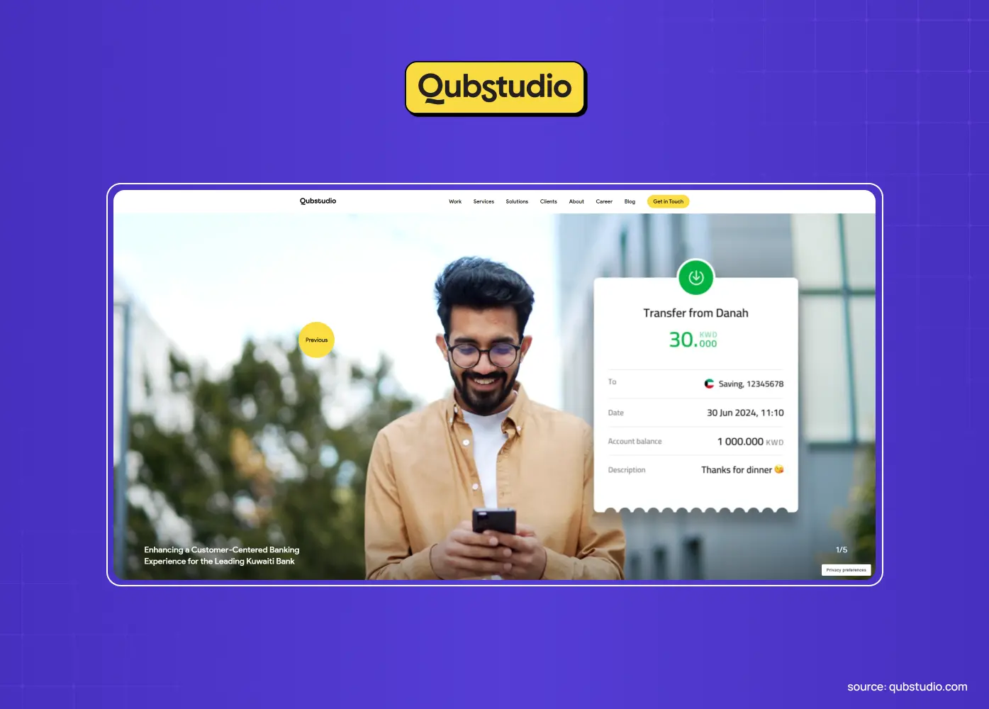 Digital product design agency homepage featuring a person using a smartphone alongside a digital banking transaction interface. 