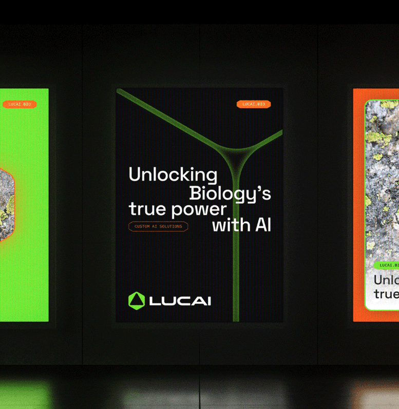 Three digital billboards displaying the text 'Unlocking Biology's true power with AI', each with unique background image of biology-related textures and designs, featuring the brand logo 'LUCAI'.