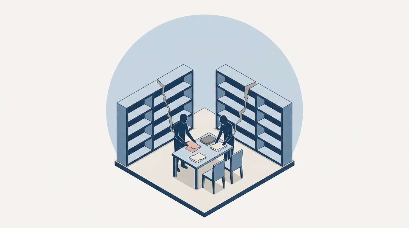 Isometrische Illustration: Zwei Silhouetten ordnen Mappen im Maklerbüro, dahinter eine in zwei Hälften zerfallene Regalwand: zerfallene Systemlandschaft.