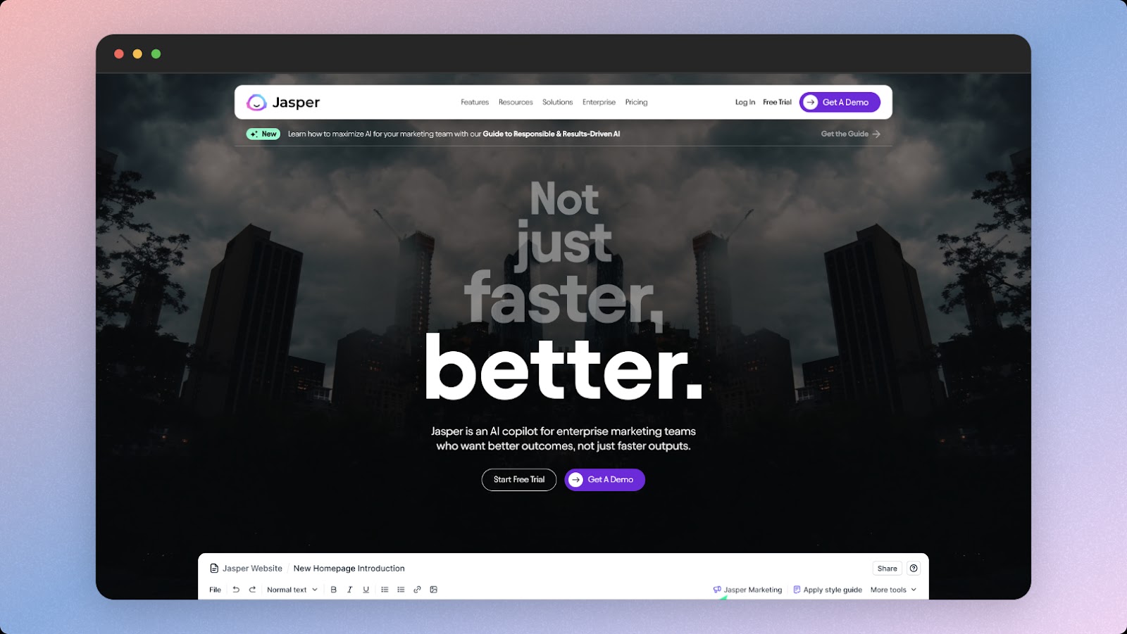 A screenshot of Jasper's dark-themed marketing homepage with a cloudy cityscape background and text "Not just faster, better."