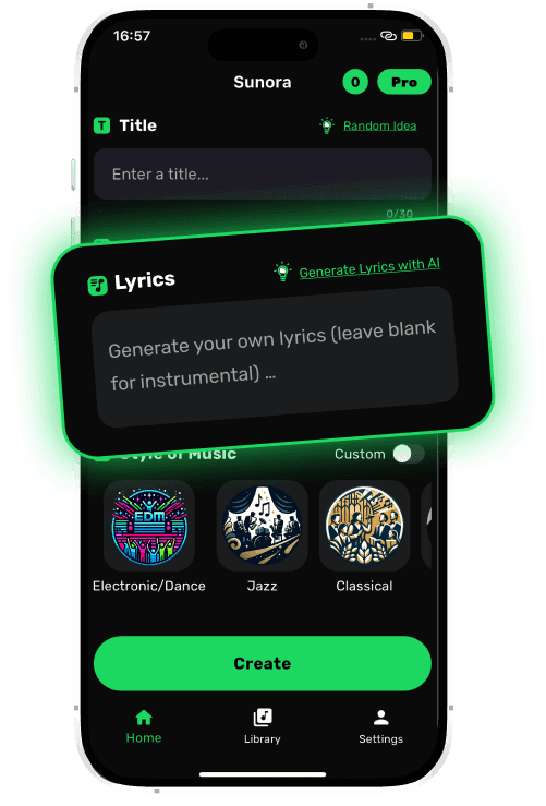 A screenshot of the Sunora AI music generator app, showing options to enter a title, generate lyrics, choose a music style, and create a song.