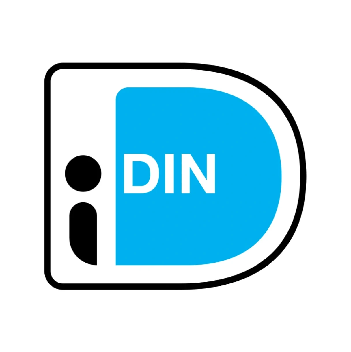 Logo met de tekst "iDIN" en een gestileerd icoon, voornamelijk in blauwe en zwarte kleuren op een witte achtergrond.