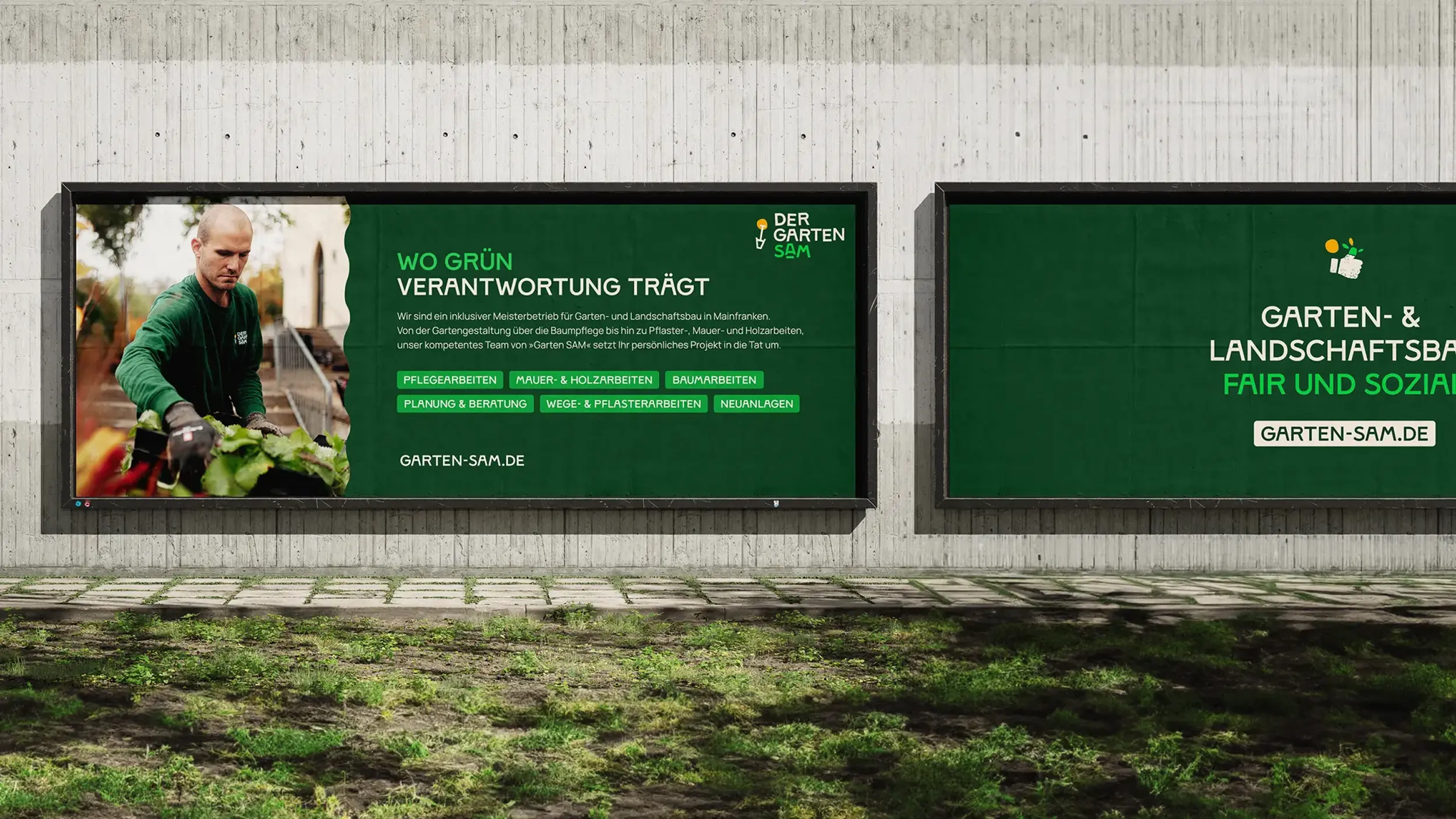 Zwei Werbeplakate „Wo Grün Verantwortung trägt“ und „Fair und sozial“