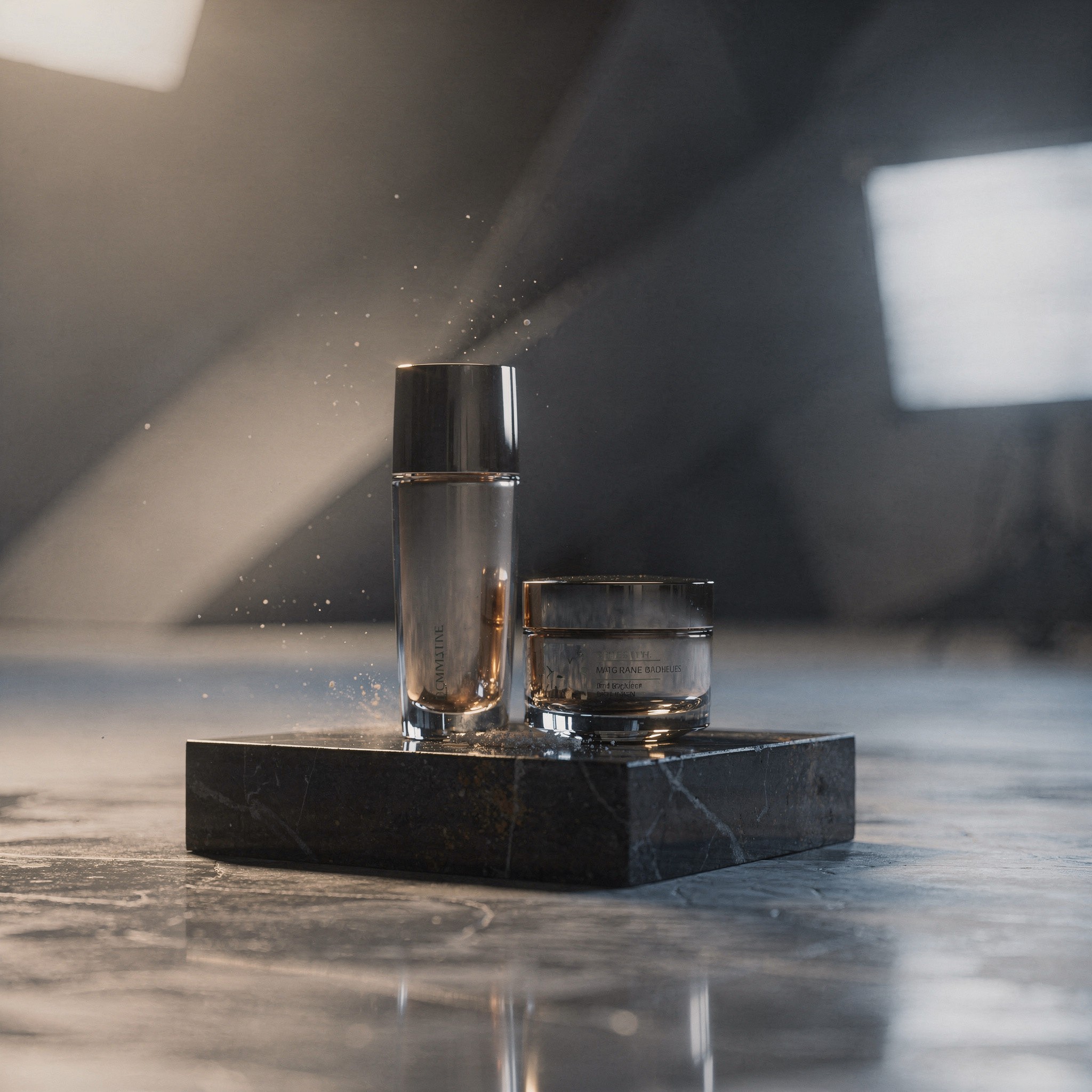 a pair of dark beauty products stand on a marble stone