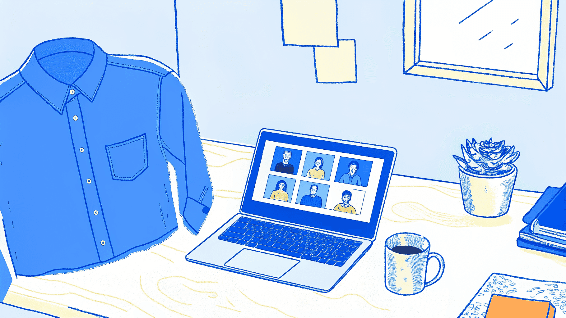 Custom team shirt beside laptop showing highlighted four-person Slack channel identity