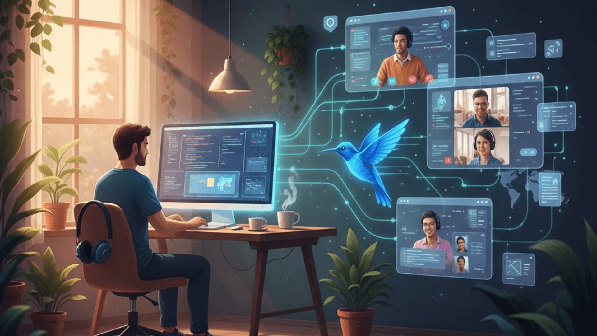 A cinematic SaaS-themed illustration in 1920x1080 landscape, depicting a remote tech founder working from a garden office. On the left, a developer sits at a desk with a glowing monitor, coffee, and indoor plants, bathed in soft natural light from a window. On the right, floating holographic UI elements and video screens show team members across the globe. A vibrant blue hummingbird in the center bridges the two halves with glowing data lines, symbolizing deep work, high-speed collaboration, and the frictionless connectivity of a modern remote startup.