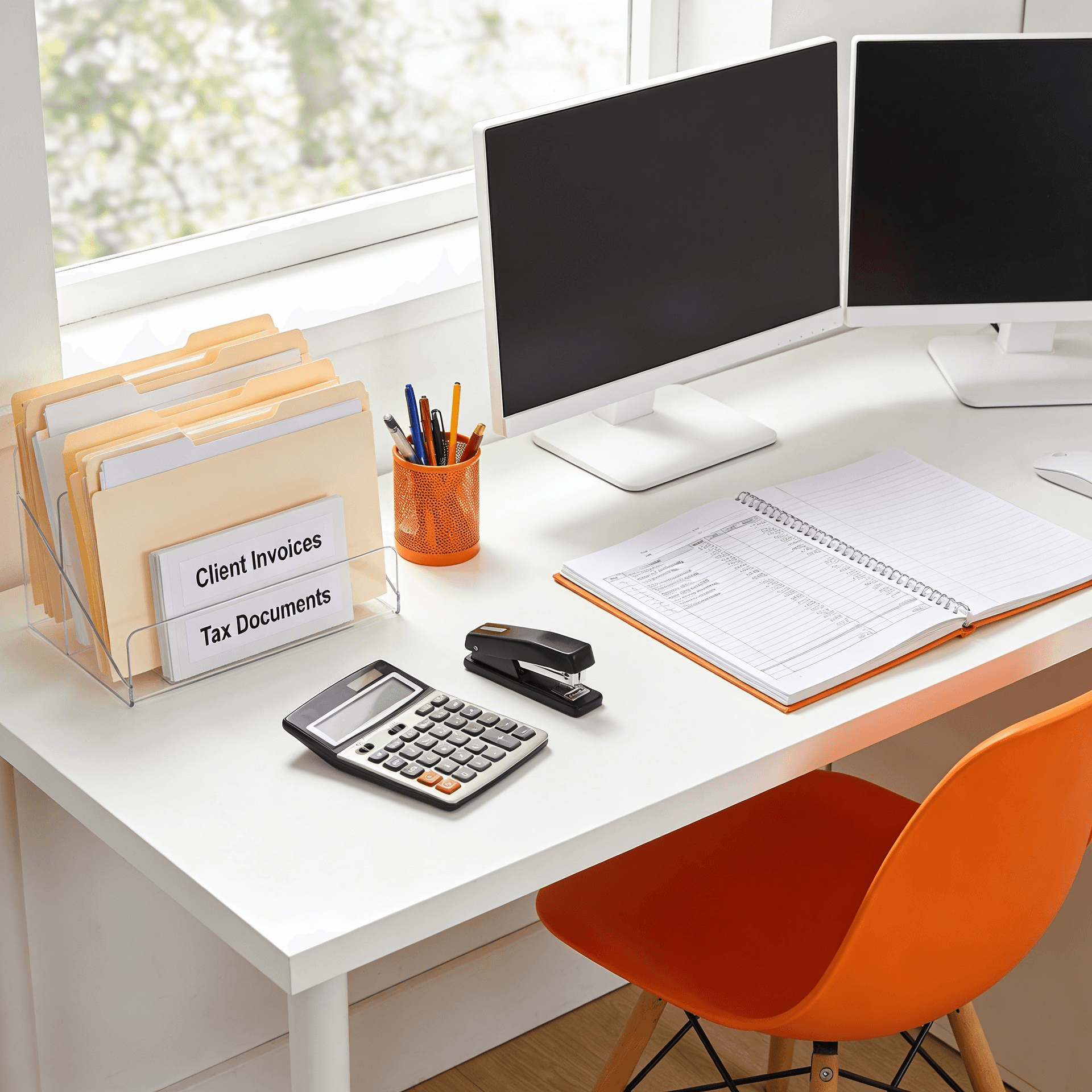 minimal white office, with an orange accent