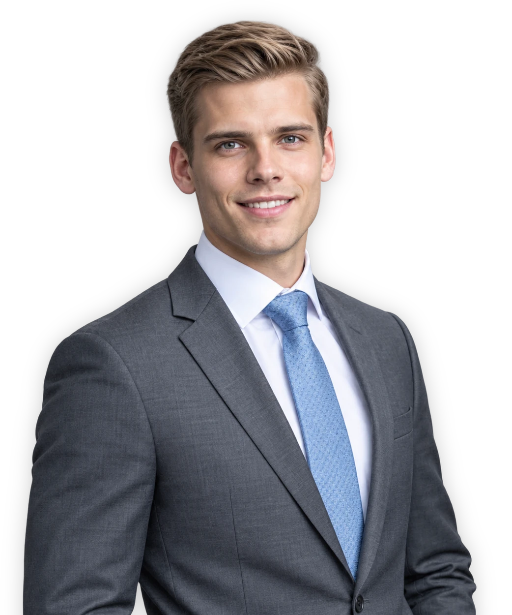 Smiling young man in a gray suit and light blue tie on a cream background