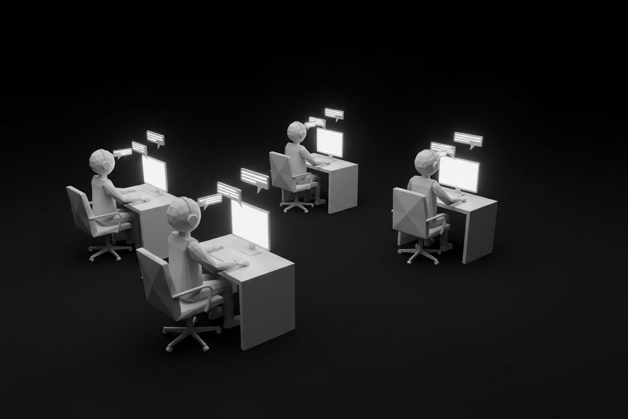Customer service team watching chat messages on screens