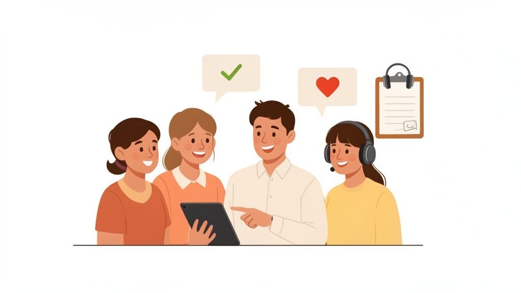 Four smiling people collaborating around a tablet, showing teamwork, communication, and customer support.