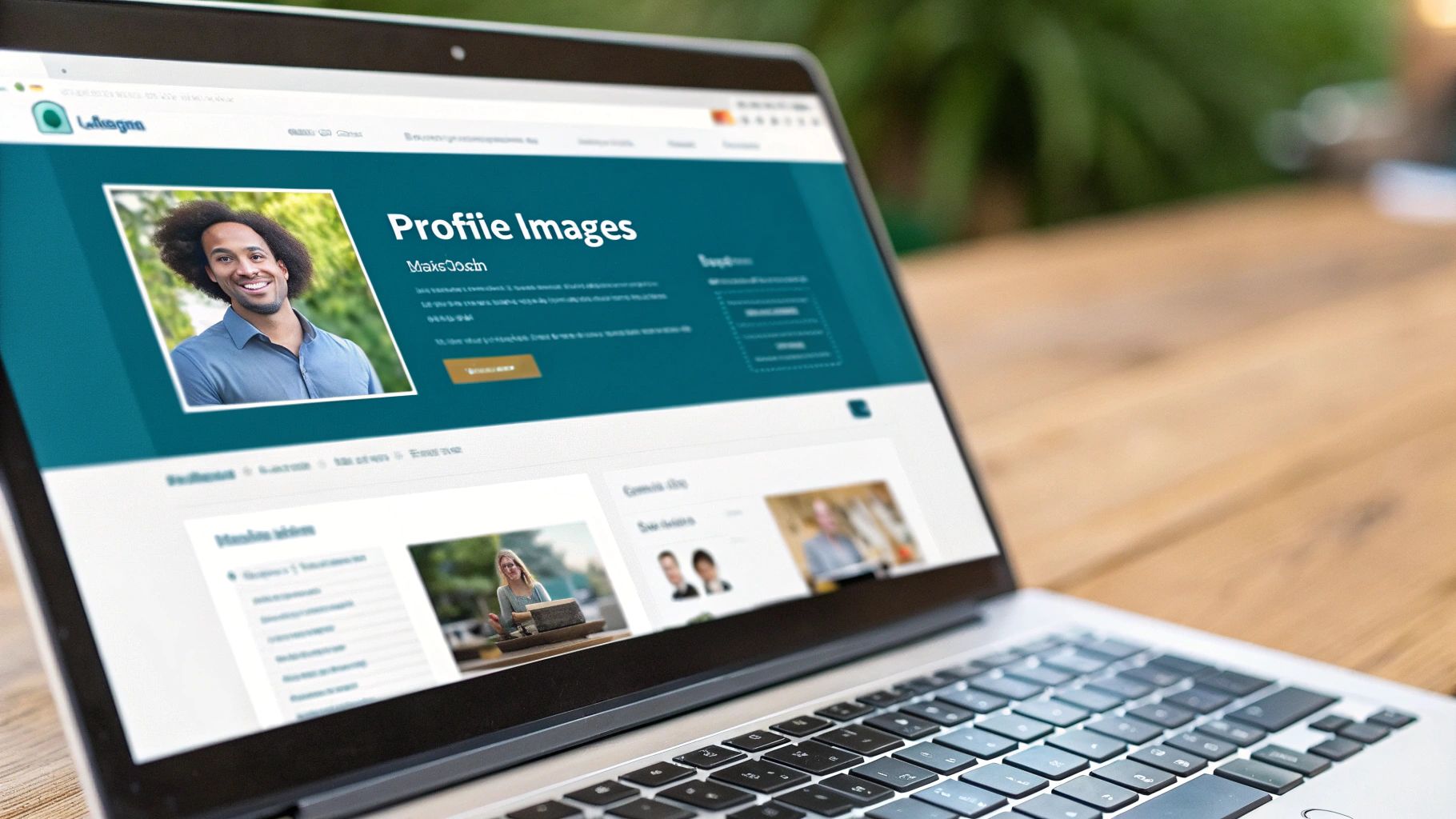 A person's professional LinkedIn profile on a laptop screen, with dimension overlays on the profile picture and banner.