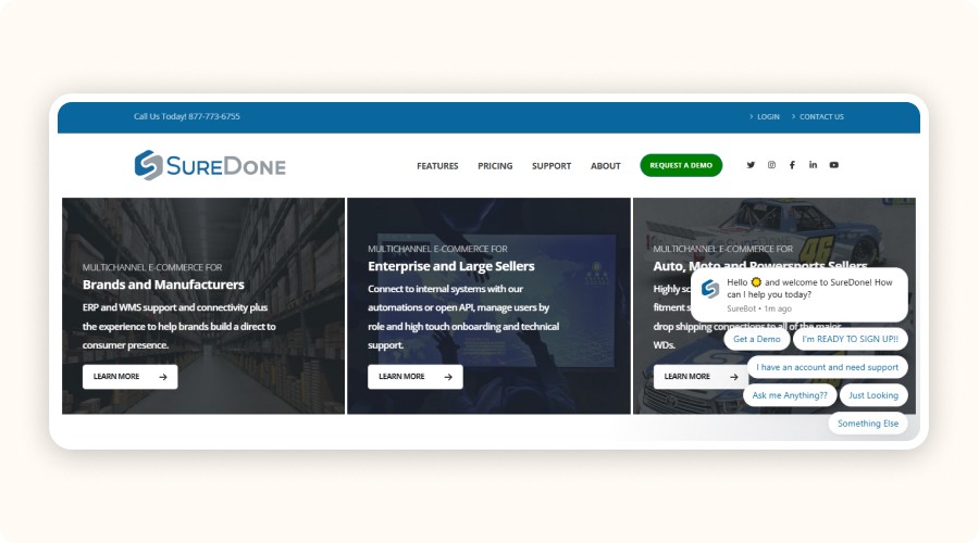 SureDone homepage interface
