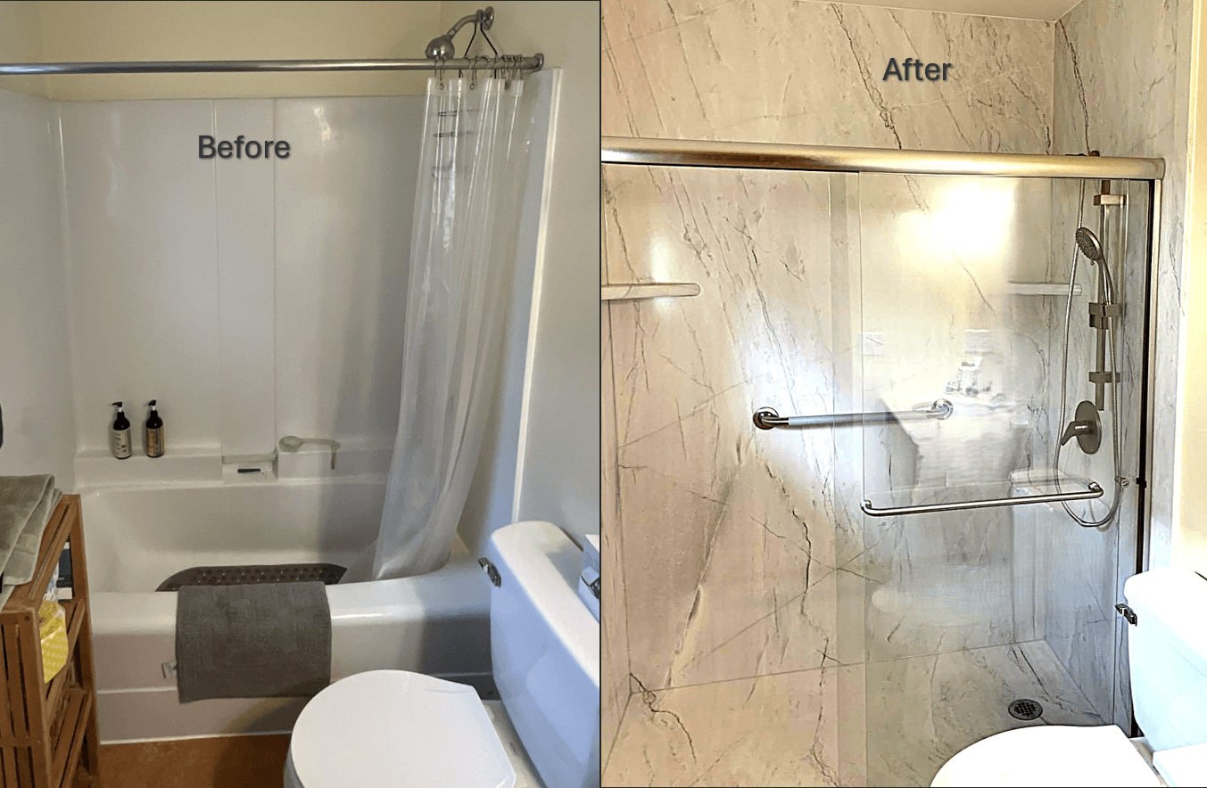 Everett tub to shower converesion before and after photo