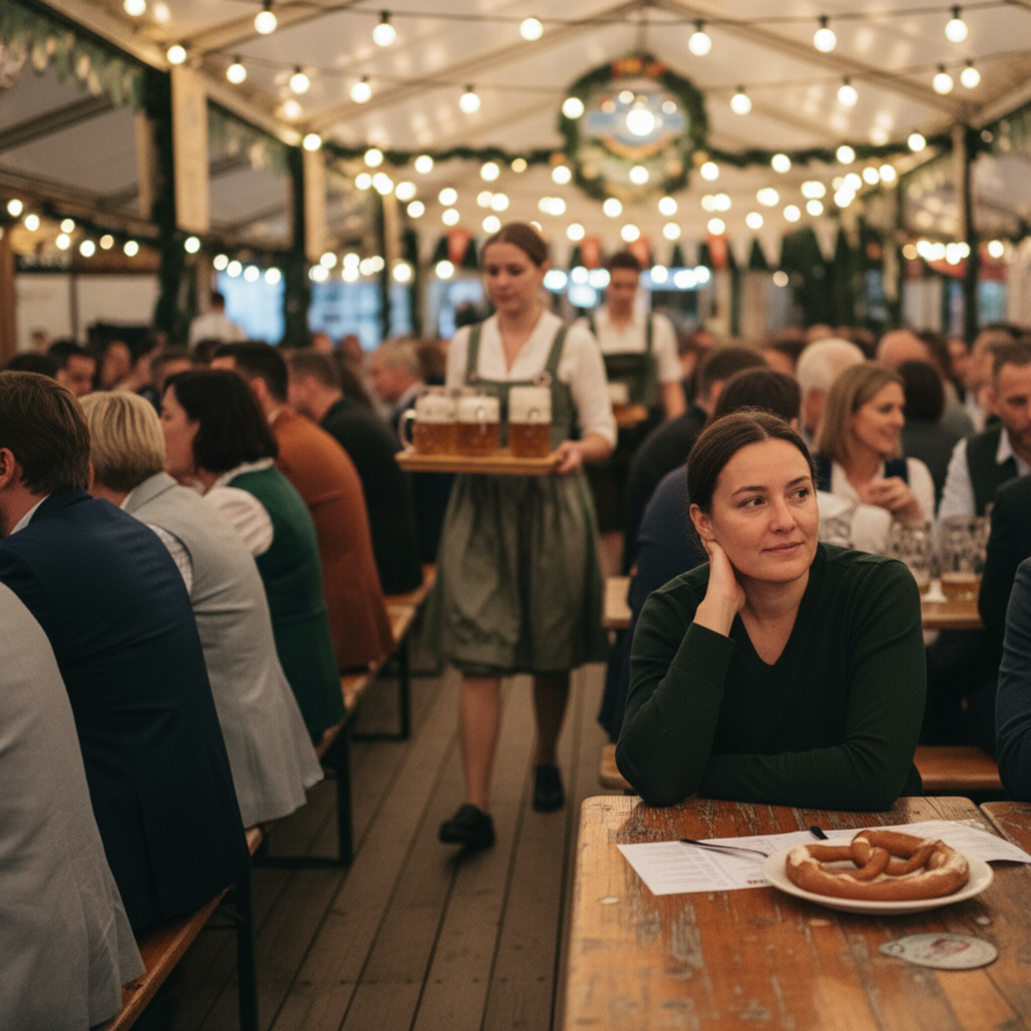 Zwei Momente im selben Zelt: Mittags sitzen Familien entspannt bei hellem Licht, abends leuchten Lichterketten über dicht gefüllten Tischen. Eine Tafel am Eingang zeigt übersichtlich Tagesangebote. Bedienungen tauschen Tabletts, die Atmosphäre kippt von ruhig zu ausgelassen.
