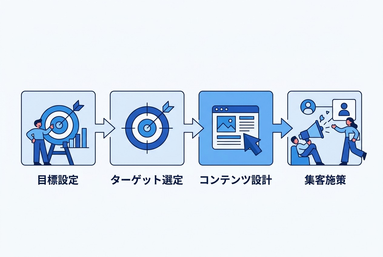 ウェビナー企画の4段階フロー。目標設定→ターゲット選定→コンテンツ設計→集客施策の順で進めることで、一貫性のある企画を構築できる。