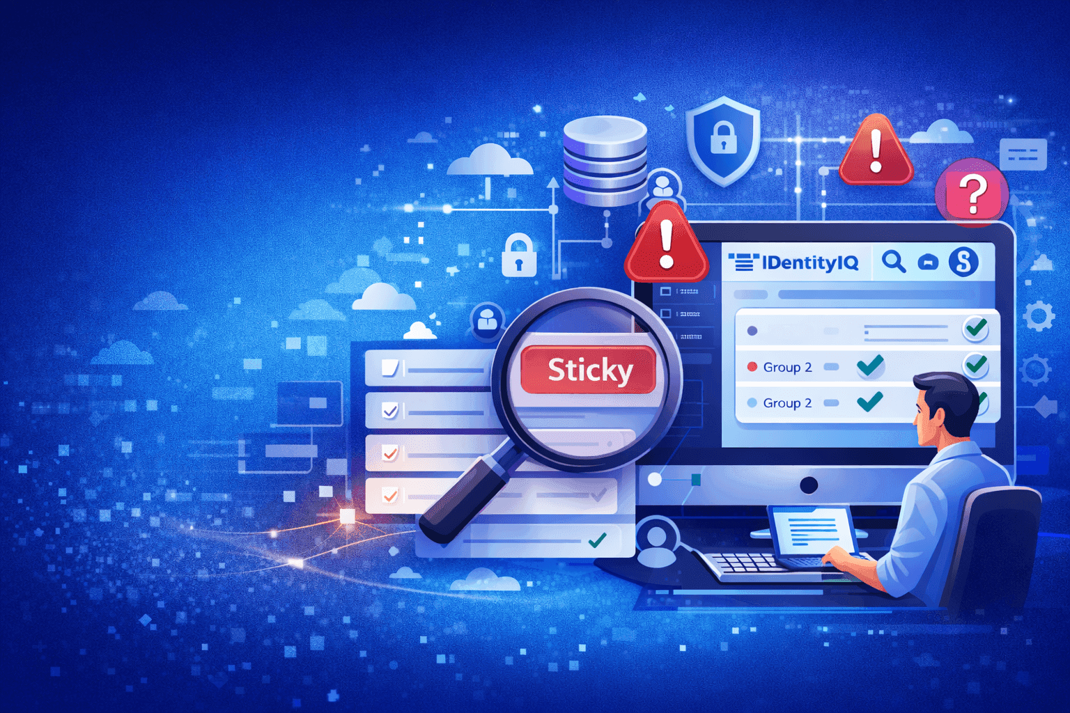 User reviewing IdentityIQ dashboard with sticky entitlement warning indicators.