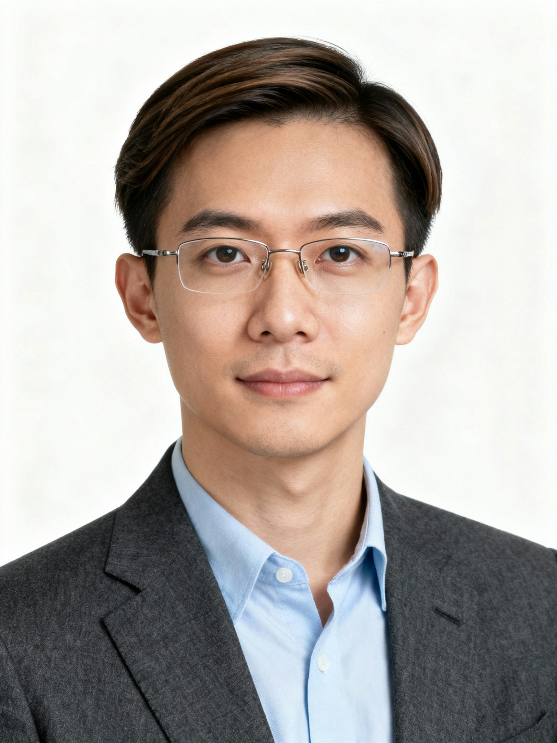 Professional portrait of a man in a gray blazer and glasses, set against a plain white background.