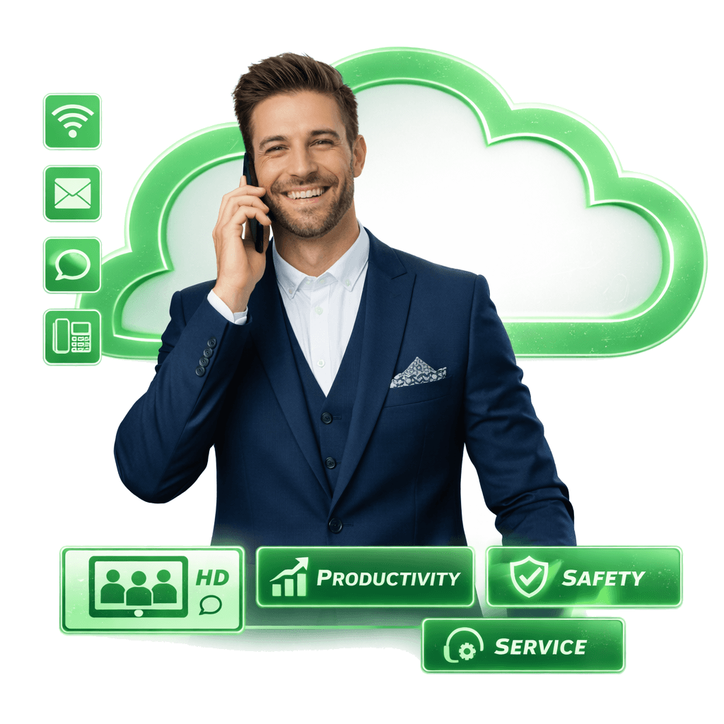 Hotel maager on phone with green cloud behind and comms icons