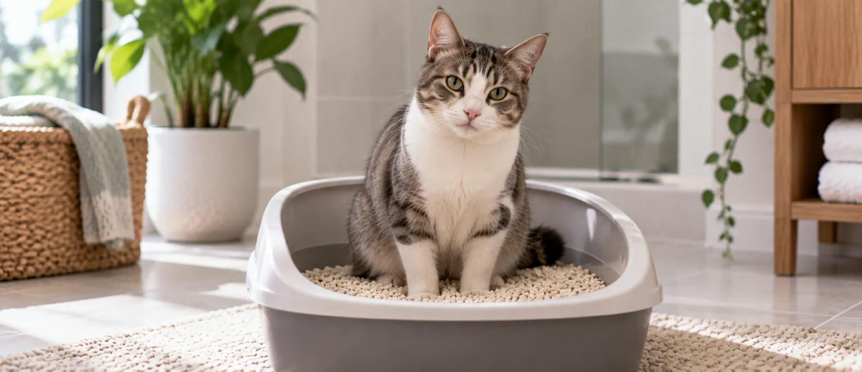 A tabby cat sits in a litter box, straining, a common sign of a urinary tract infection.