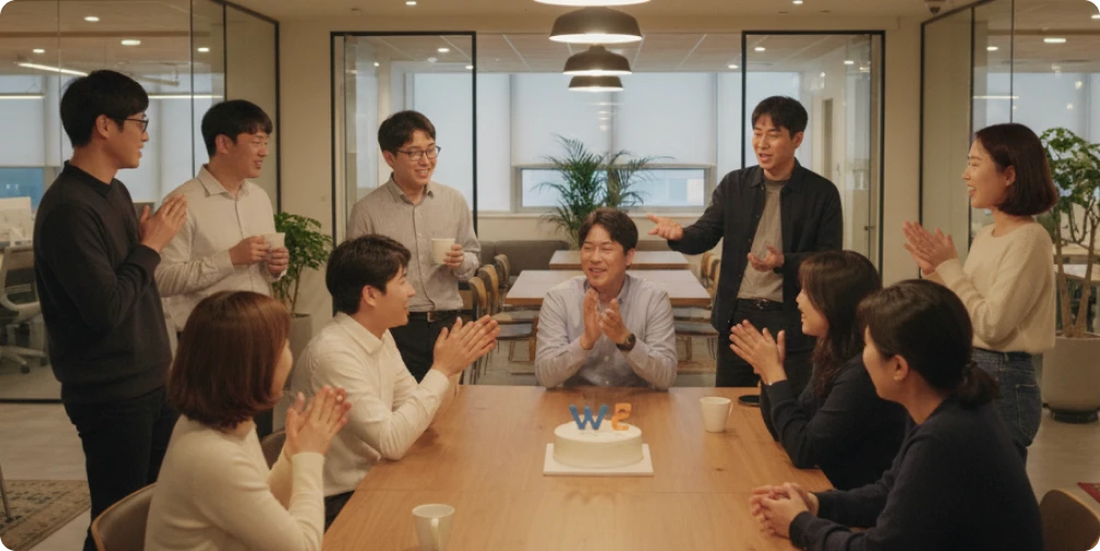 창립기념일을 축하하는 기업 구성원의 모습
