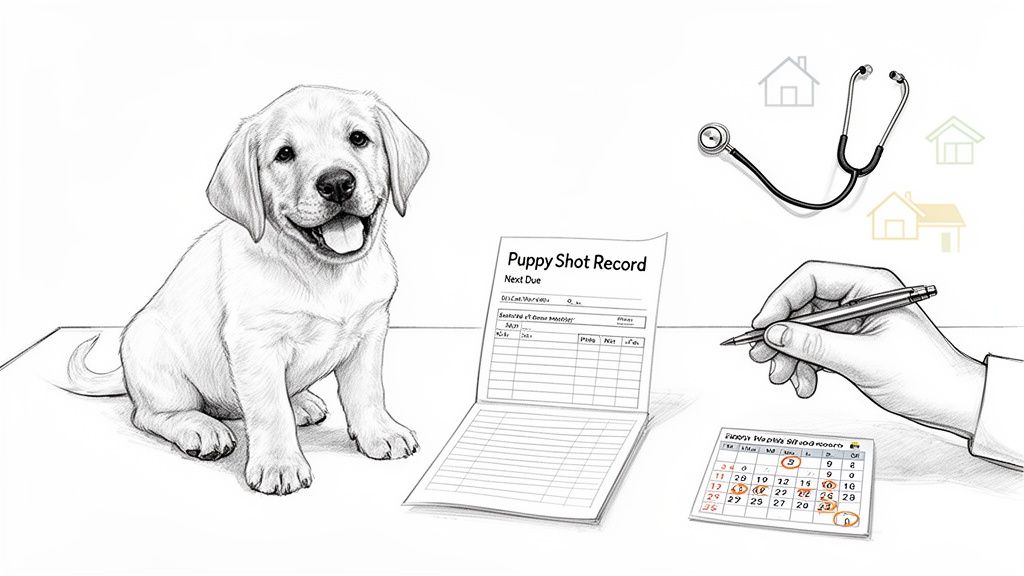 A smiling puppy, a puppy shot record, a calendar, a stethoscope, and a hand writing.