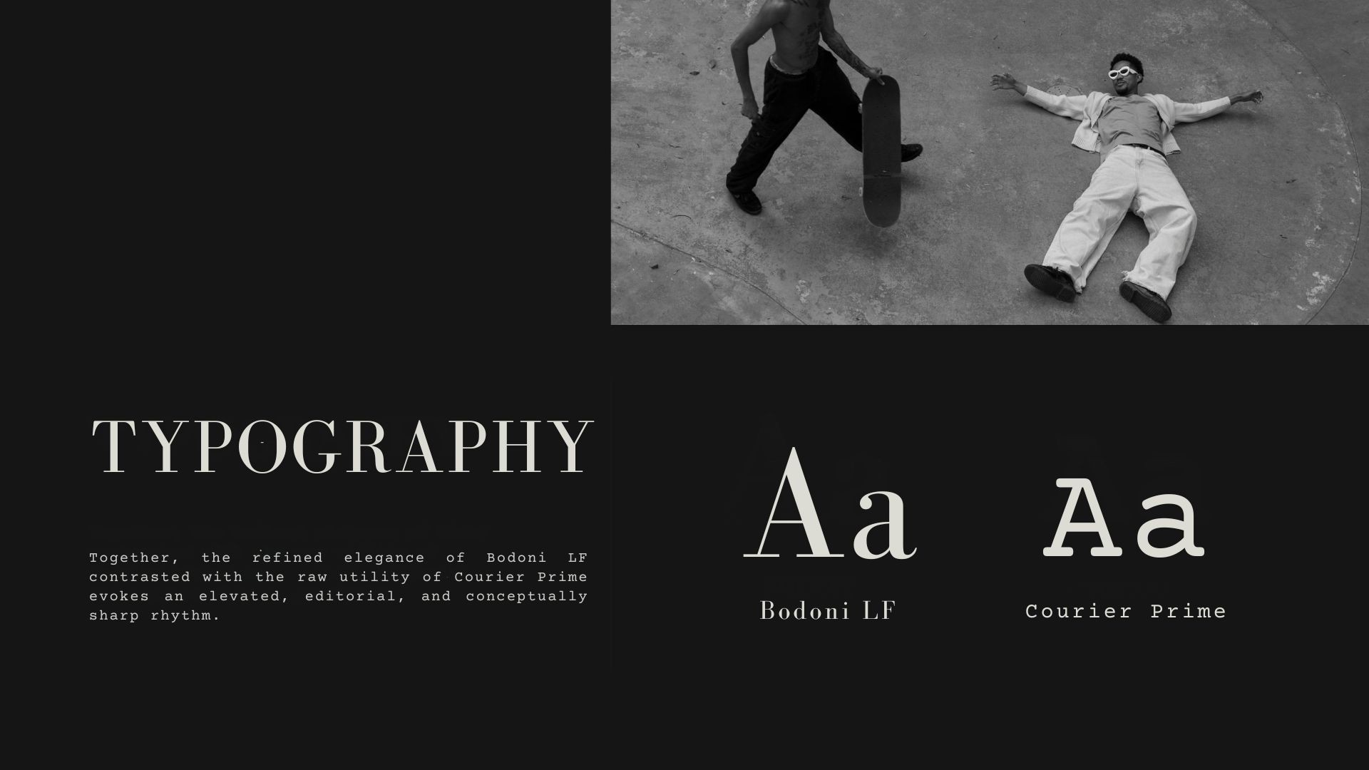 Typography layout featuring Bodoni LF and Courier Prime beside a black-and-white editorial portrait of a skateboarder lying on concrete, part of Laura Homrich’s brand design for her photography portfolio.