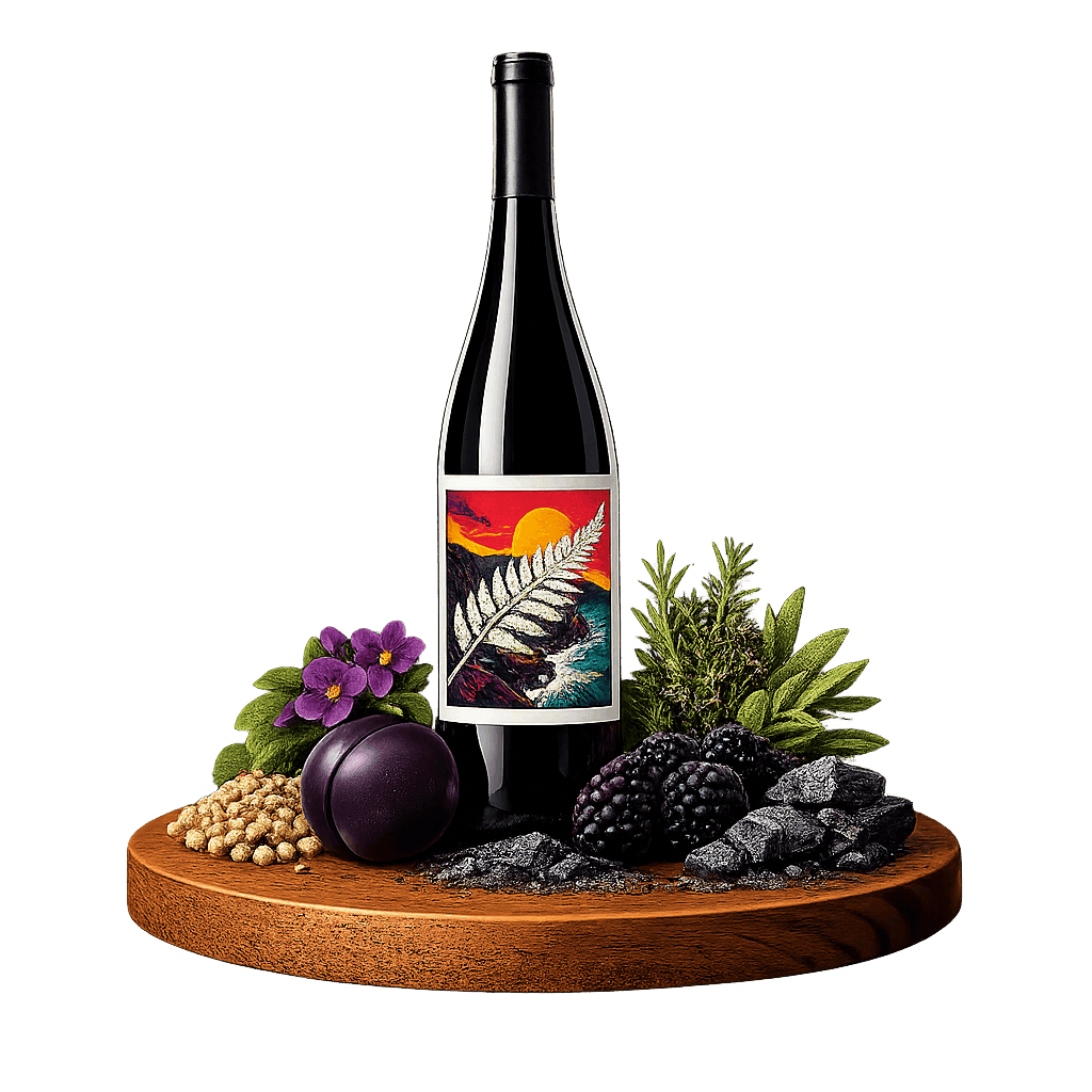 Artistic label and flavor profile for New Zealand Syrah on a rustic wooden table.