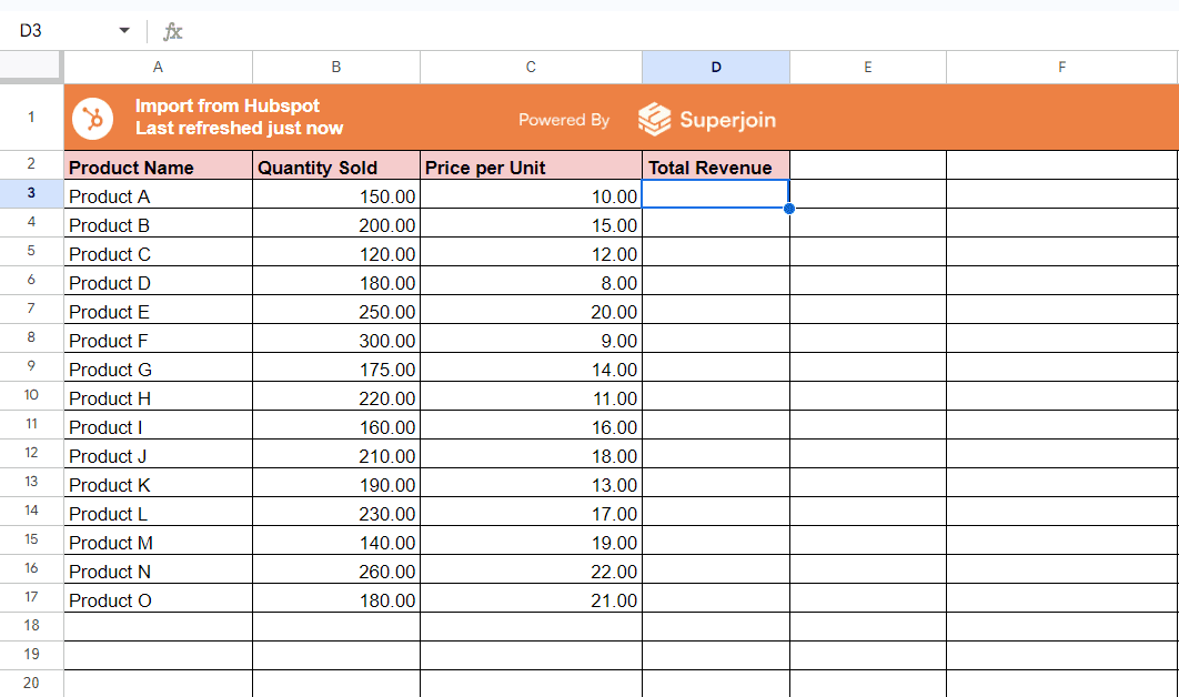 Click on cell D3 (the first cell in the "Total Revenue" column).