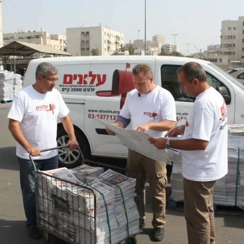 צוות עובדי חברת עלונים במהלך תדריך עבודה בשטח. הצוות נעזר במפות הפצה מפורטות ובעגלת משא עמוסה בחבילות פליירים המוכנים לחלוקה בתיבות דואר, על רקע רכב ההפצה של החברה.