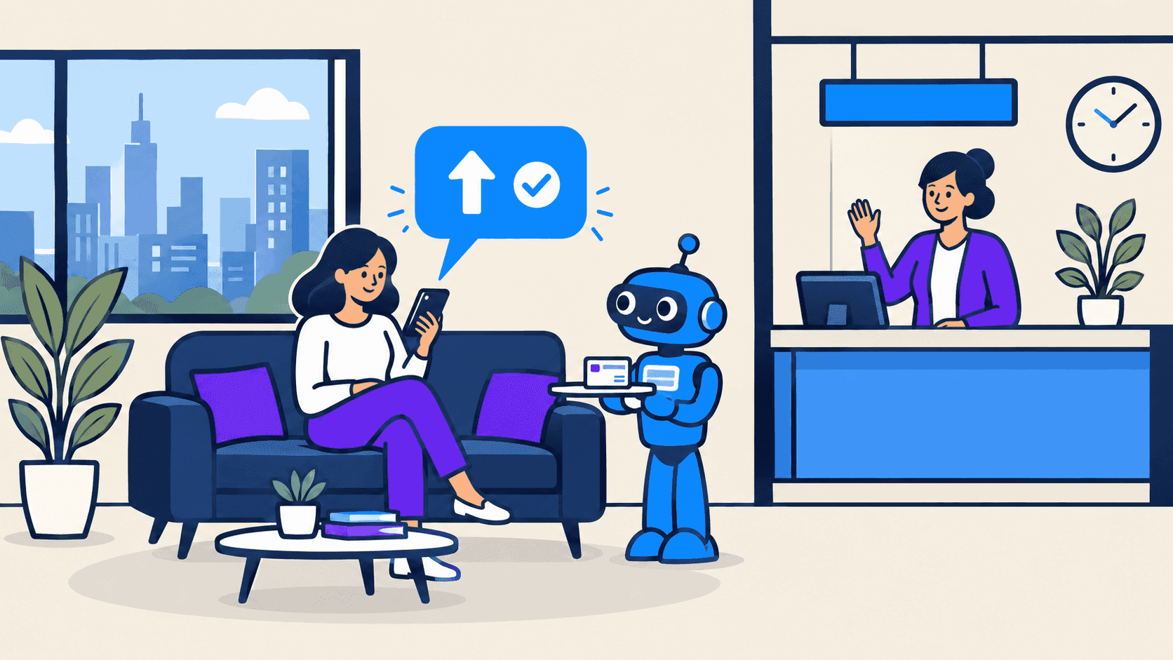 Eine Kundin sitzt mit Smartphone auf einem Sofa, aus dem Bildschirm steigt eine Sprechblase mit einem aufwärts zeigenden Pfeil und einem Häkchen; daneben ein freundlicher kleiner Roboter, im Hintergrund ein Berater an einem Schalter mit Pflanze