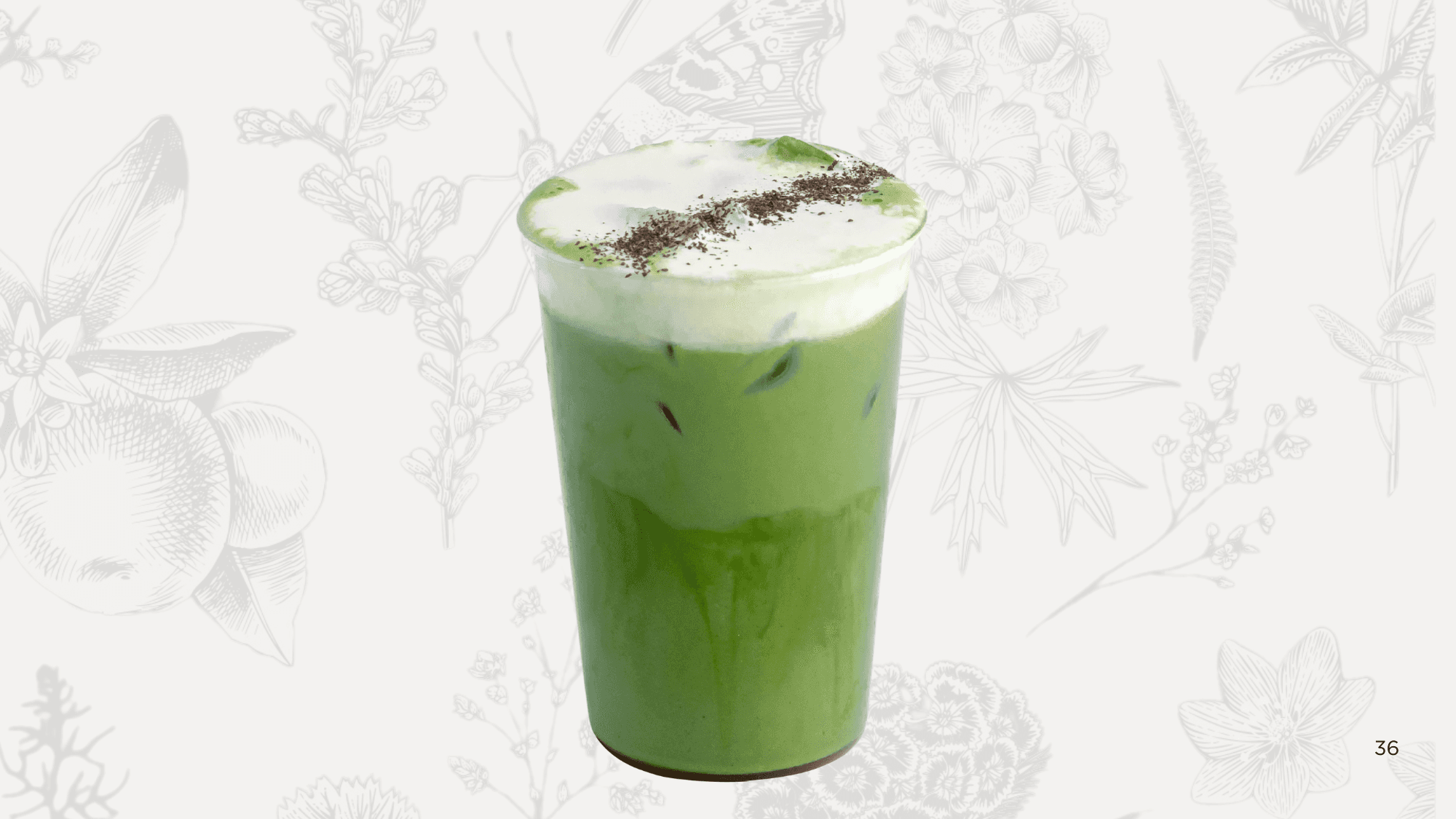 A matcha drink flavored with Earl Grey and vanilla syrups, honey, and oat milk, topped with salted foam.