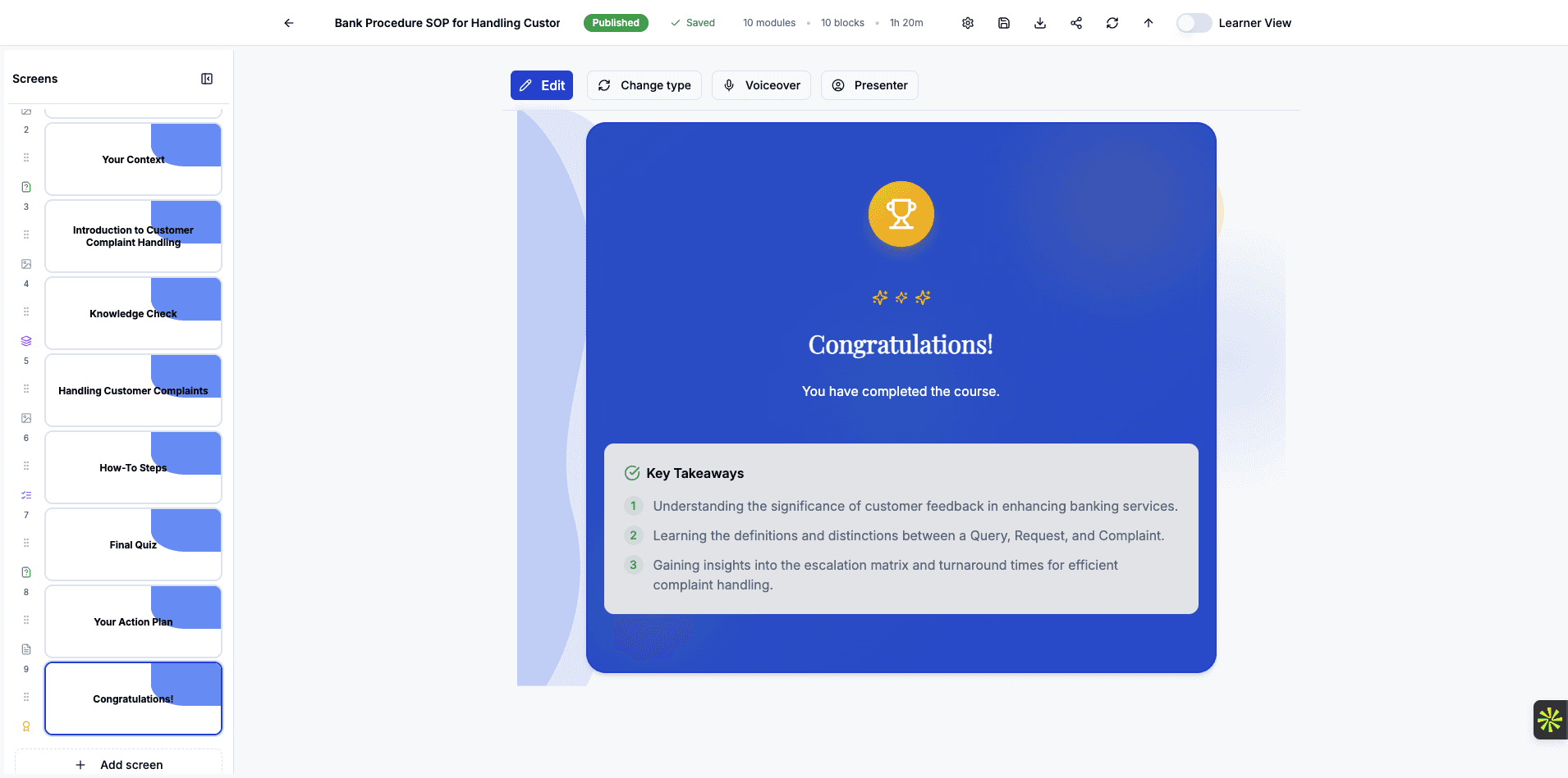 Here you can see the course completion screen displaying a trophy icon, congratulatory message, and three key takeaways summarizing what was learned about handling customer complaints in banking.