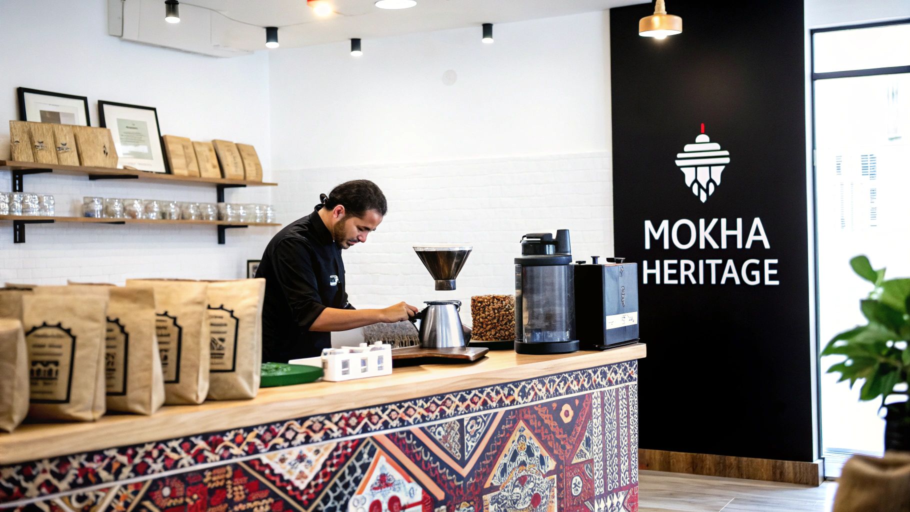 A barista prepares pour-over coffee at a vibrant Mokha Heritage coffee shop counter.