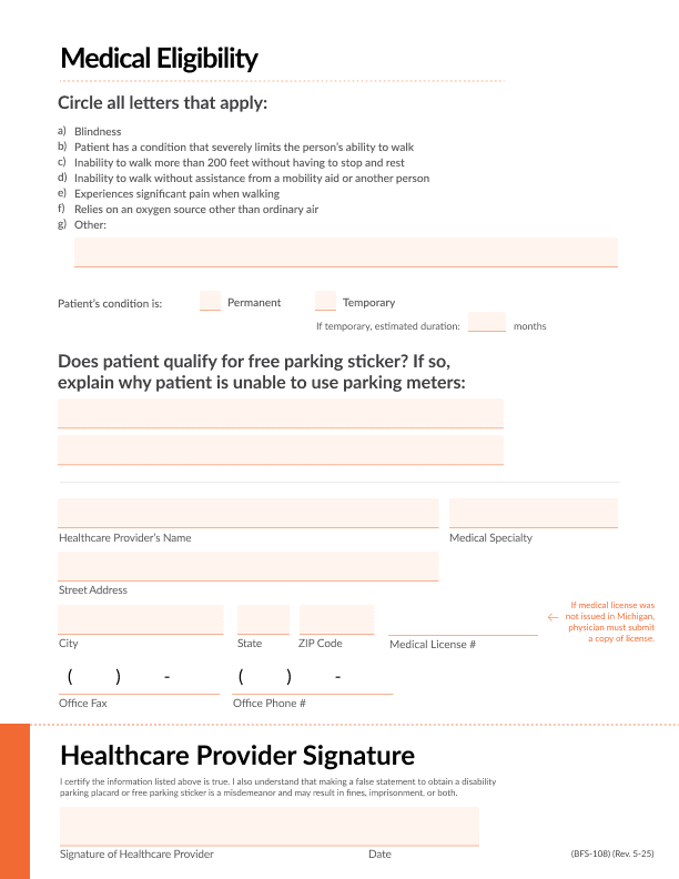 Page 2 of high-fidelity prototype of placard application form, featuring sections for medicial eligibility and healthcare provider signature. Orange accents indicate which sections are to be filled out by clinician.