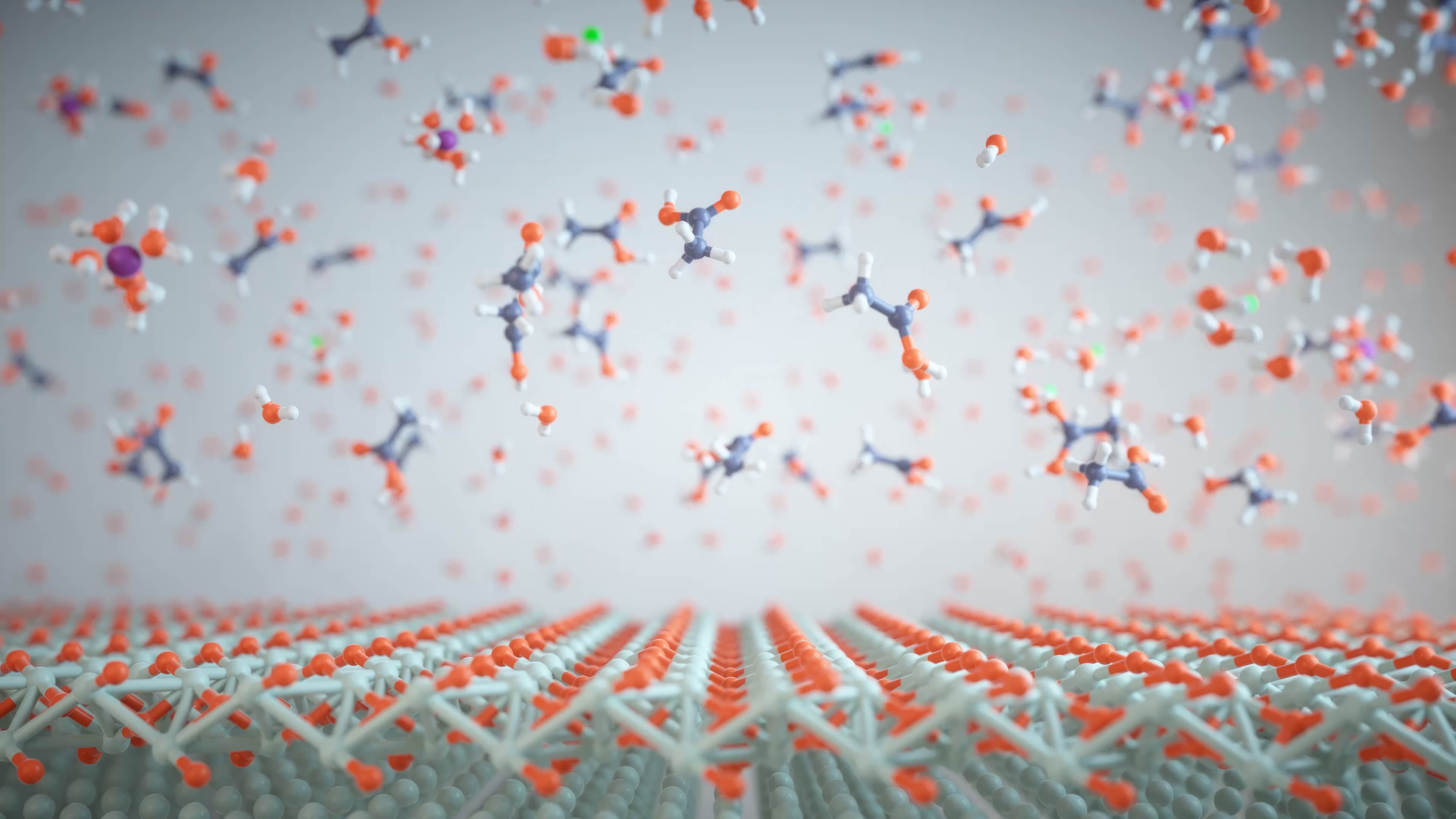 Acetic acid molecules reacting with copper oxide on a copper surface to form verdigris