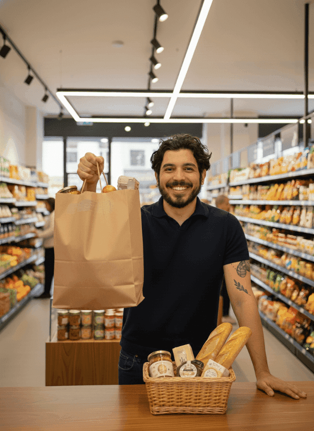 Epicier avec un sac de course