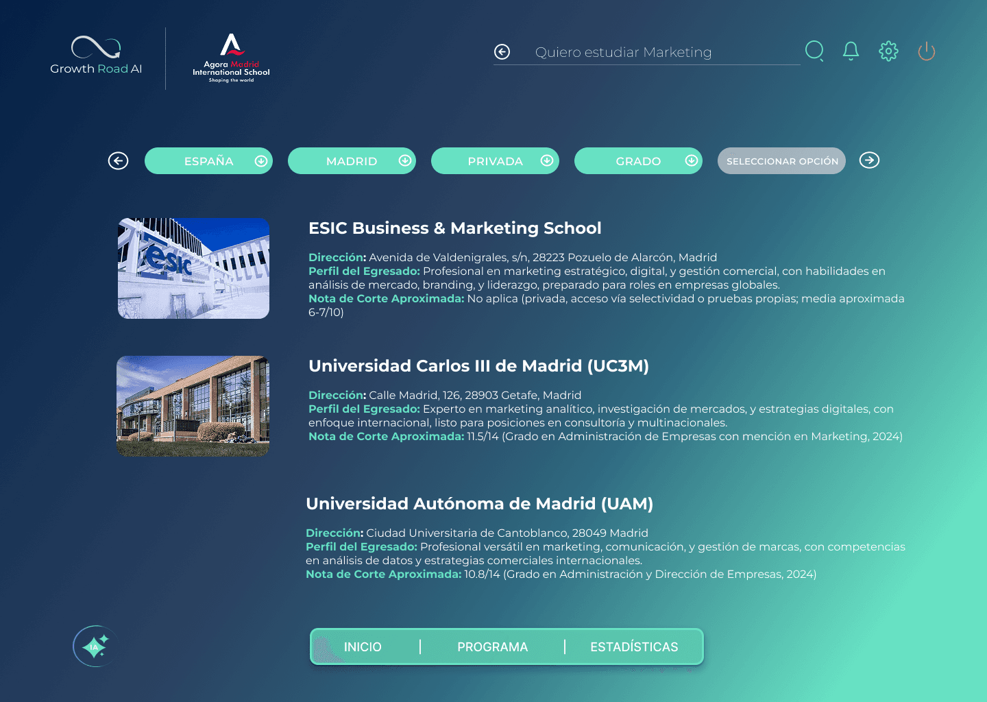 Buscador universitario para orientación vocacional, opciones de marketing en Madrid