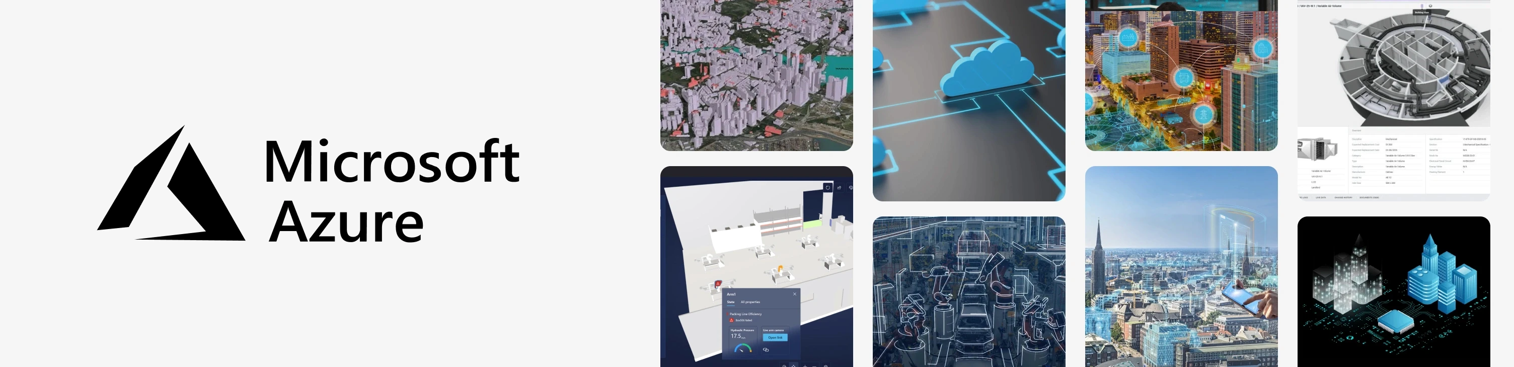 Microsoft Azure logo beside a grid of photographs showing a 3D city model over an aerial map, a cloud icon connected by lines, an illuminated city model with data rings, a floor plan with an energy properties panel, wireframe vehicles, and isometric city blocks on a circuit background.