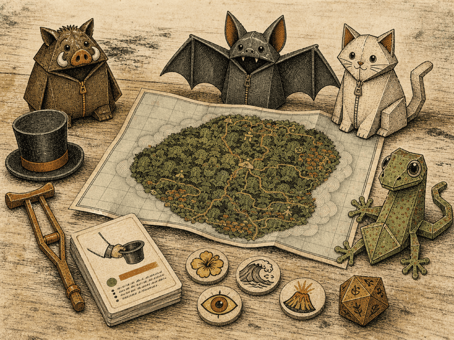 Hand-drawn game-map card with dice and a winding trail