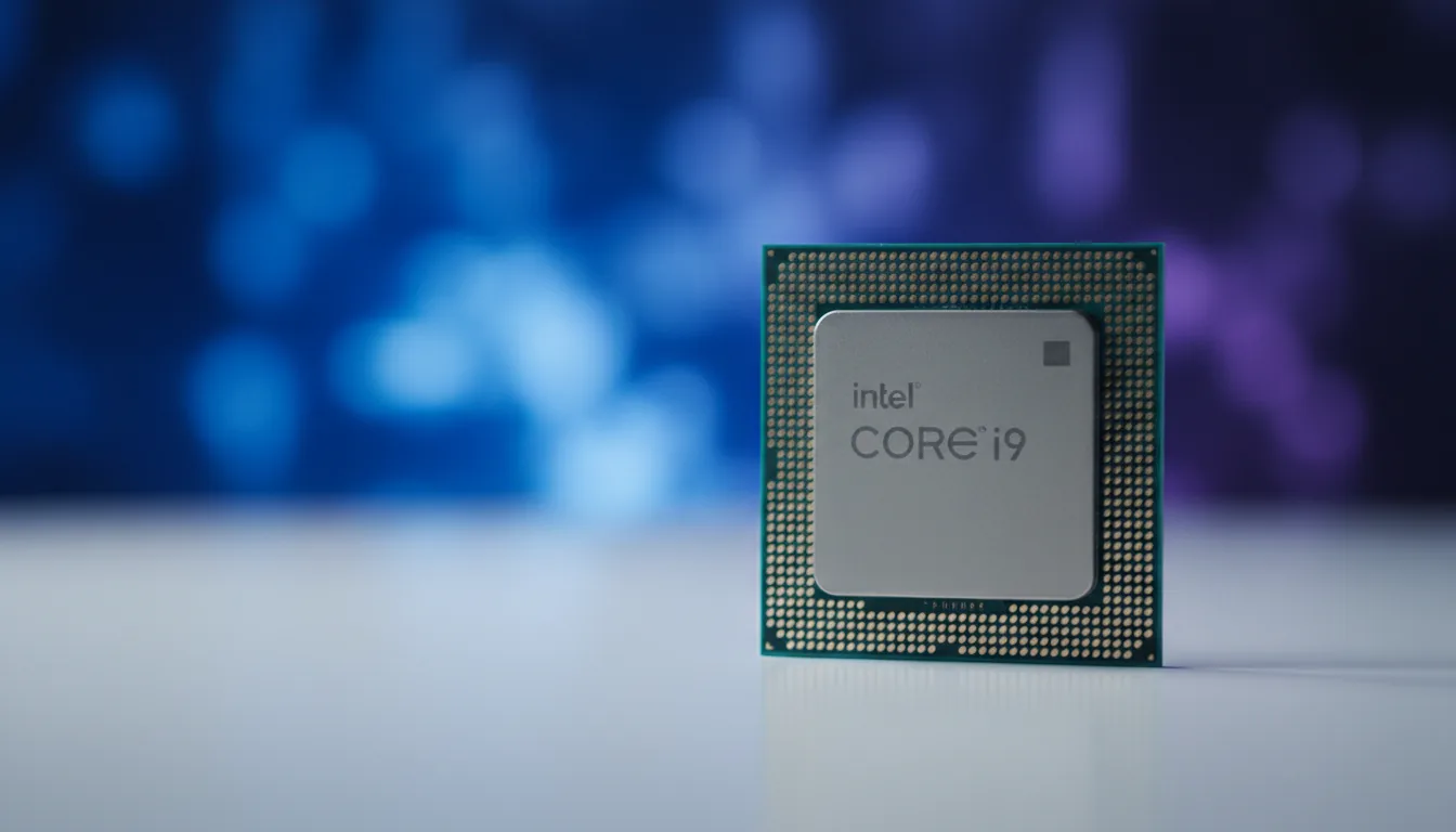 Macro DSLR photograph of an Intel Core i9-13900K computer processor standing upright on a clean white surface. Soft studio lighting illuminates the CPU with a cinematic contrast, casting a vibrant blue and purple glow in the background. The image has a very shallow depth of field, with tack-sharp focus on the brushed metal texture of the processor's heat spreader and the green PCB, while the background is a smooth, out-of-focus bokeh.