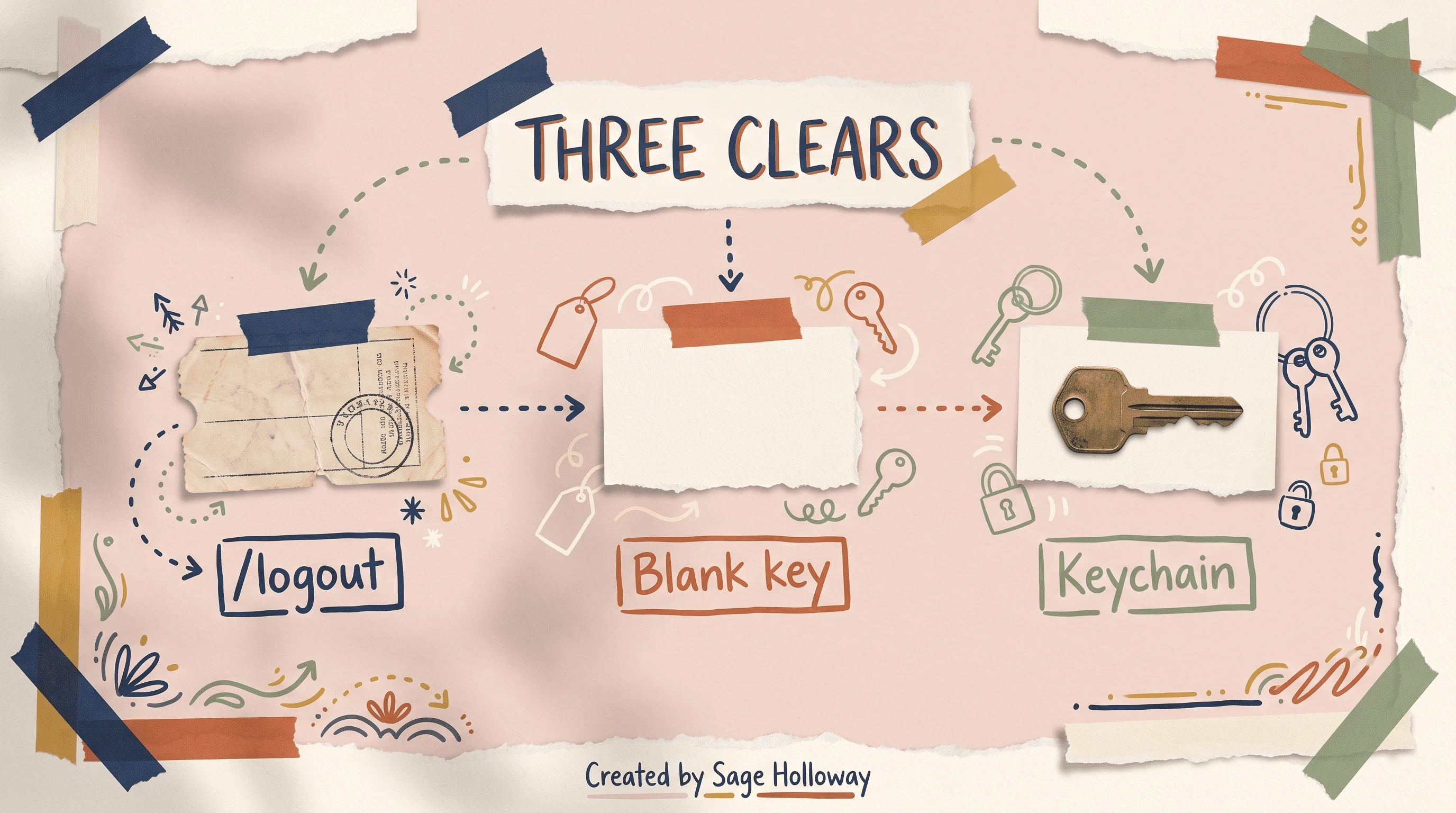 Scrapbook three-step diagram to clear cached Claude Code login: /logout, blank API key, and macOS Keychain