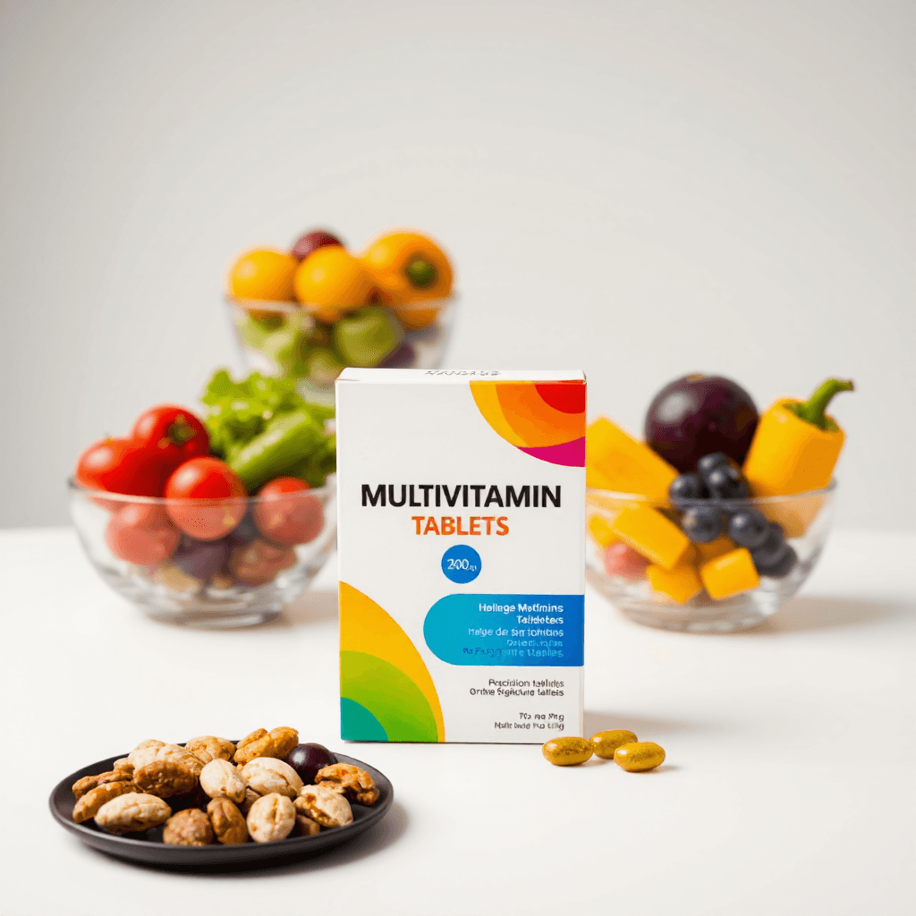 product photography of box of multivitamin tablets