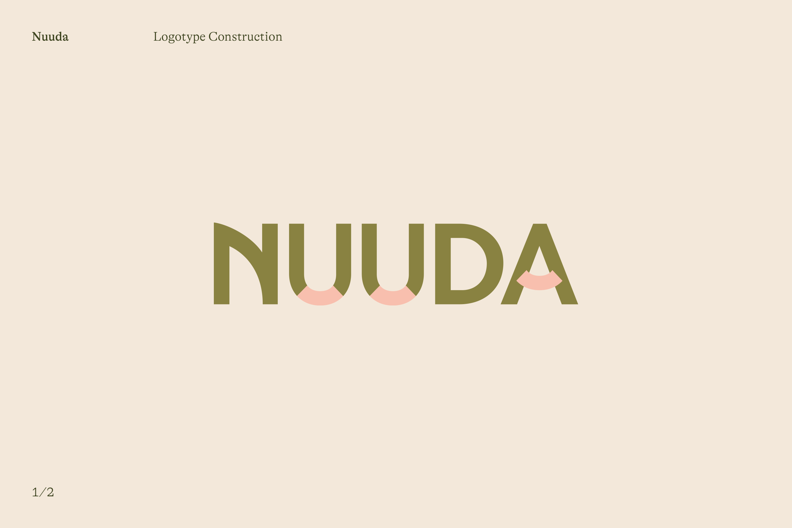 Nuuda logotype construction gif animation showing the custom wordmark with pink semicircle details in the U and A letterforms