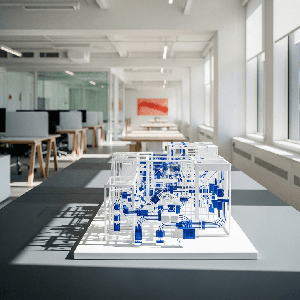 A large, minimalist engineering office with a white architectural model of a complex data flow system on a central table. The model is made of clear acrylic and #1F3B5B components, suggesting nodes and pathways. Aspect ratio 16:9. Natural light from large windows creates soft shadows. The palette is dominated by #F5F2EC and #20242B with accents of #1F3B5B and #E76F51. The camera is at a low angle, looking across the table at the model. The upper-left third is a clean, out-of-focus background. No text, no logos, no watermarks. Photorealistic, editorial photography.