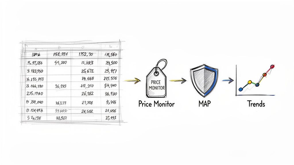 A workflow diagram illustrating data processing from a table to price monitoring, MAP, and final trends.
