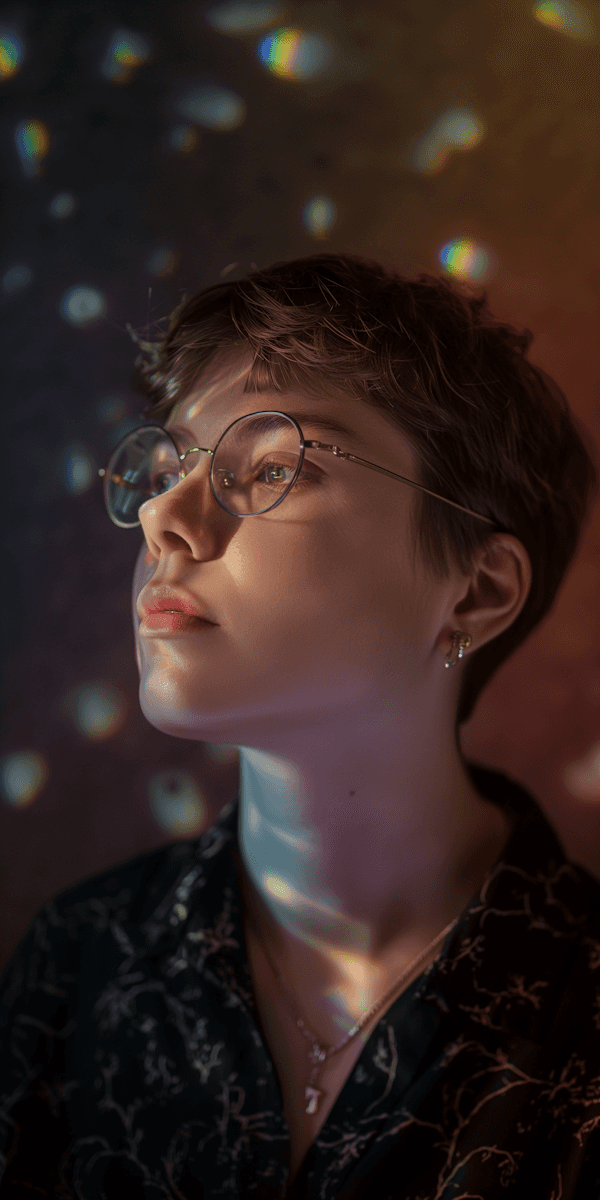 A thoughtful young person with glasses, illuminated by colorful light patterns, gazes upward in a dreamy, ethereal setting.