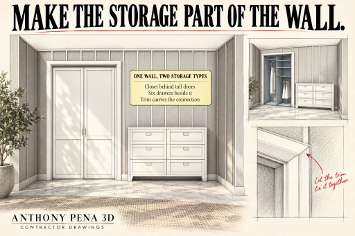 Bedroom storage cover showing a tall closet and six-drawer dresser within a paneled wall.